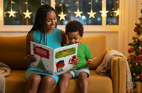 Crianças brincando com seus livros personalizados do Colorindo o Natal