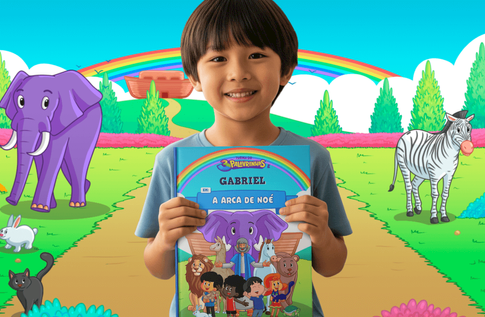 Foto de uma criança com sua coleção Brincando com Fé e Generosidade! da Editora Dentro da História